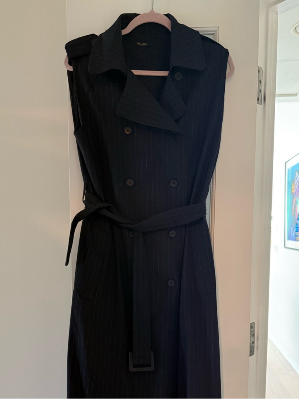 Massimo Dutti large navy pinstriped sleeveless trench dress/vest maxi length